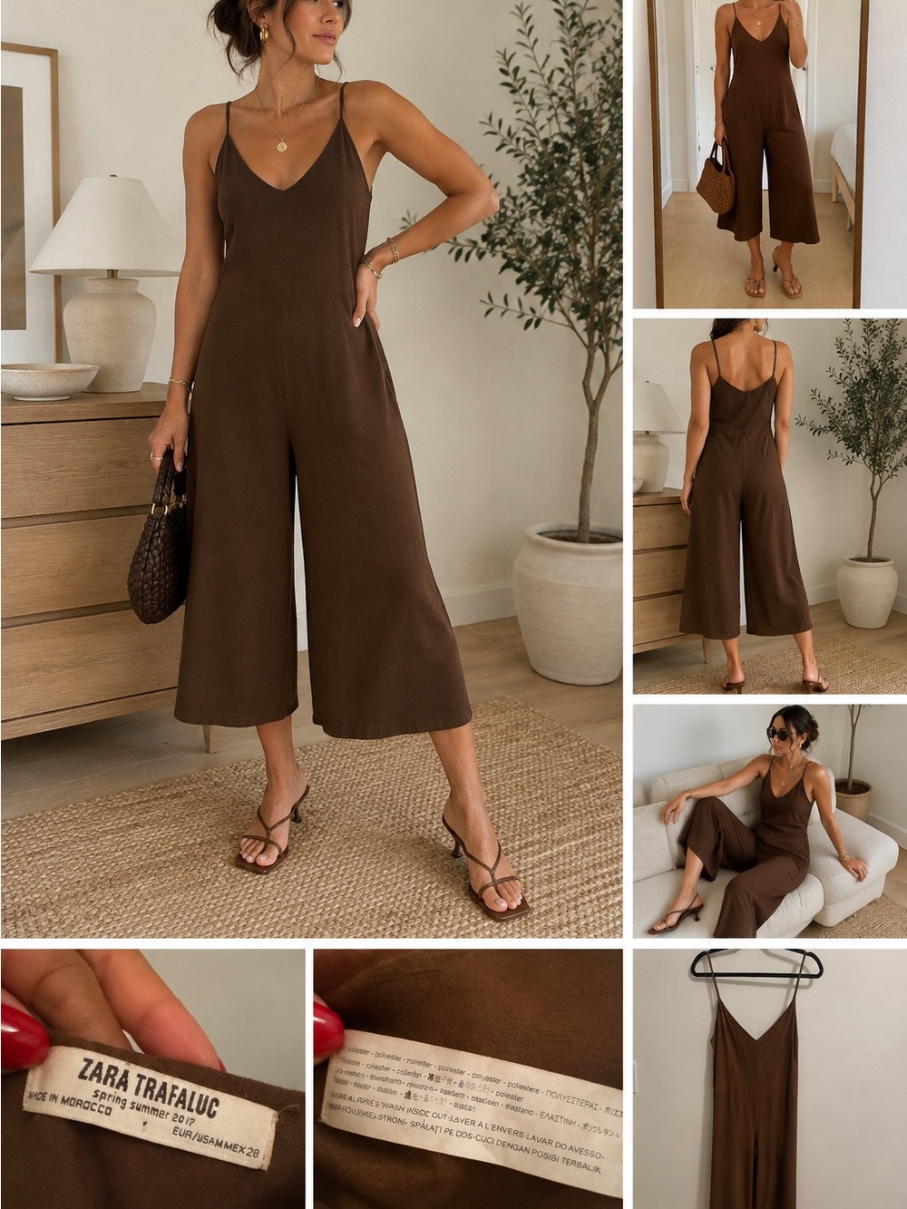 Zara Trafaluc Chocolate Brown Cropped Wide Leg Jumpsuit Size 28